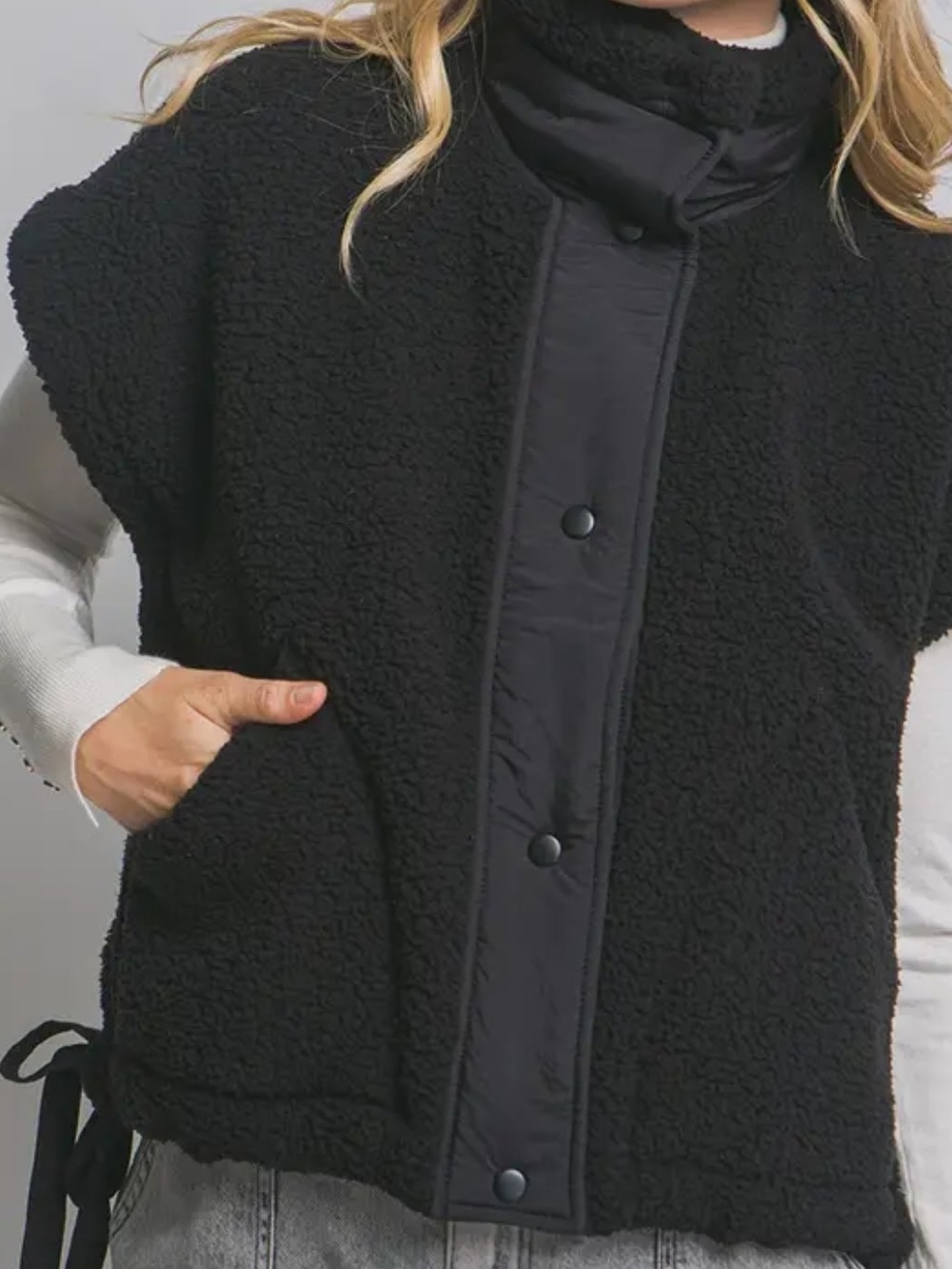 Free People Black Sherpa Snap Vest with High Collar